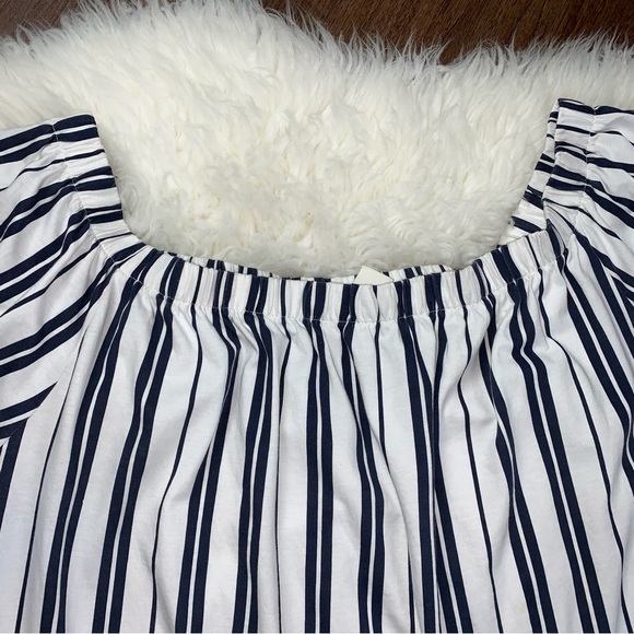 H&M L.O.G.G Women’s XL Navy & White Striped Off The Shoulder Flowing Bow Blouse - Picture 4 of 8